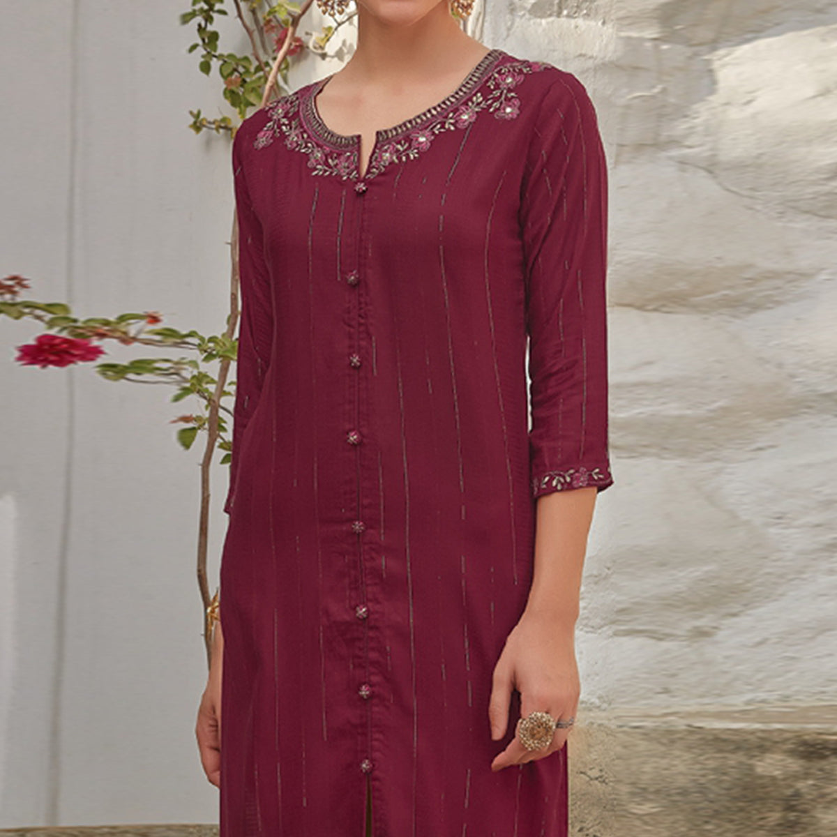 Maroon Floral Embroidered Cotton Blend Kurti