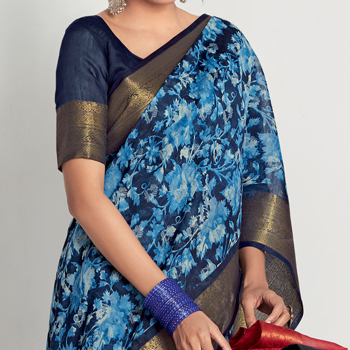 Blue Printed With Woven Border Cotton Blend Saree