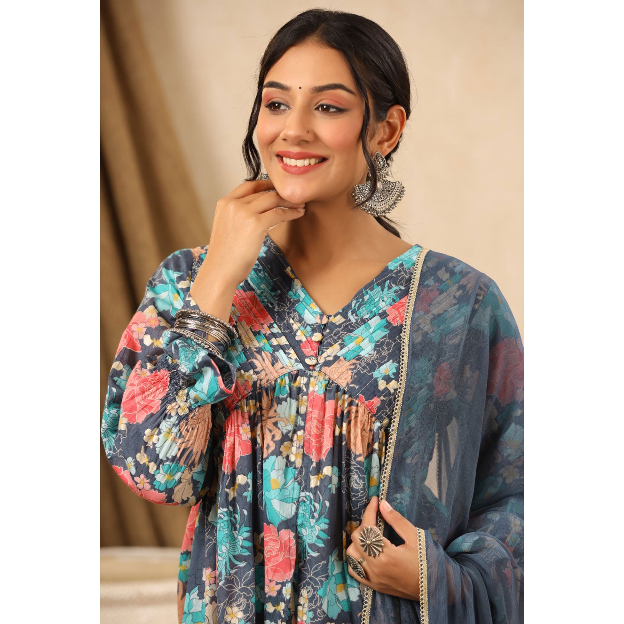 Grey Floral Printed Muslin Sharara Suit