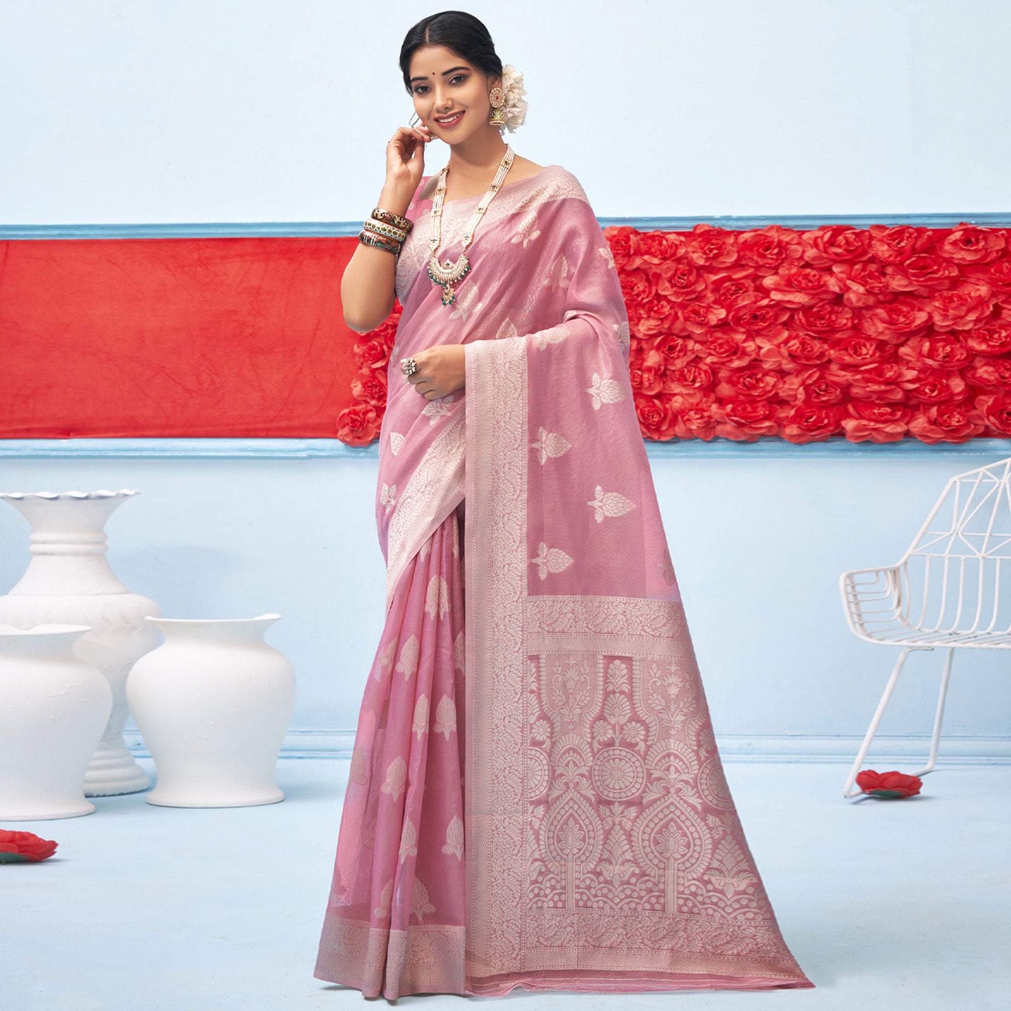 Pink Woven Cotton Blend Saree