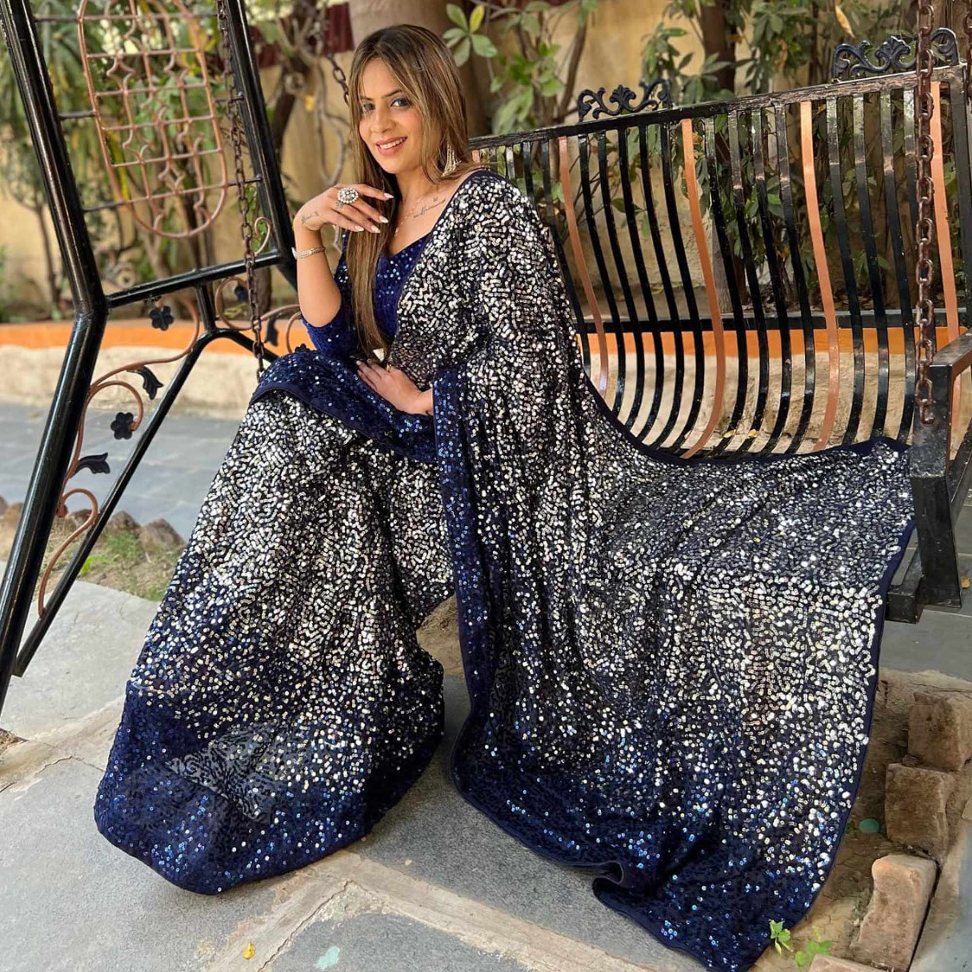 Blue Sequins Embroidered Georgette Saree