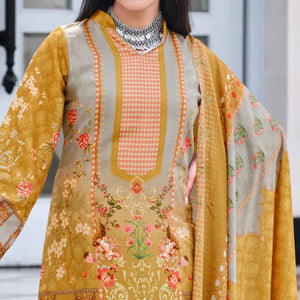 Golden And Grey Digital Printed With Daman Embroidered Pure Cotton Pakistani Suit