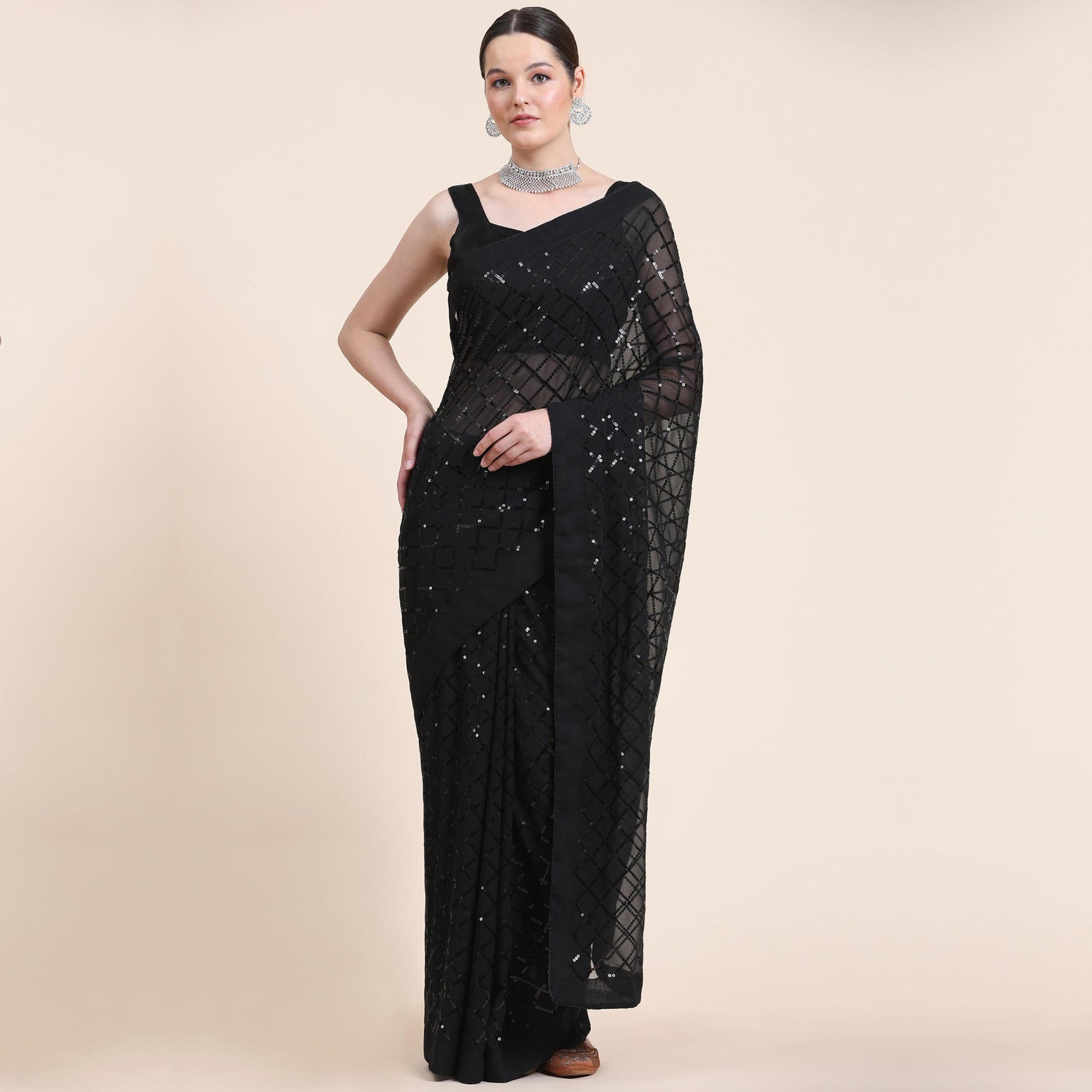 Black Sequins Embroidered Georgette Saree