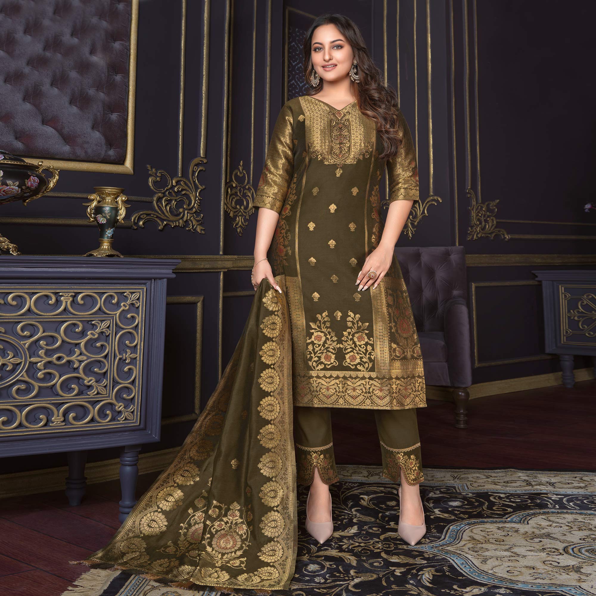 Dark Olive Green Woven Banarasi Silk Salwar Suit