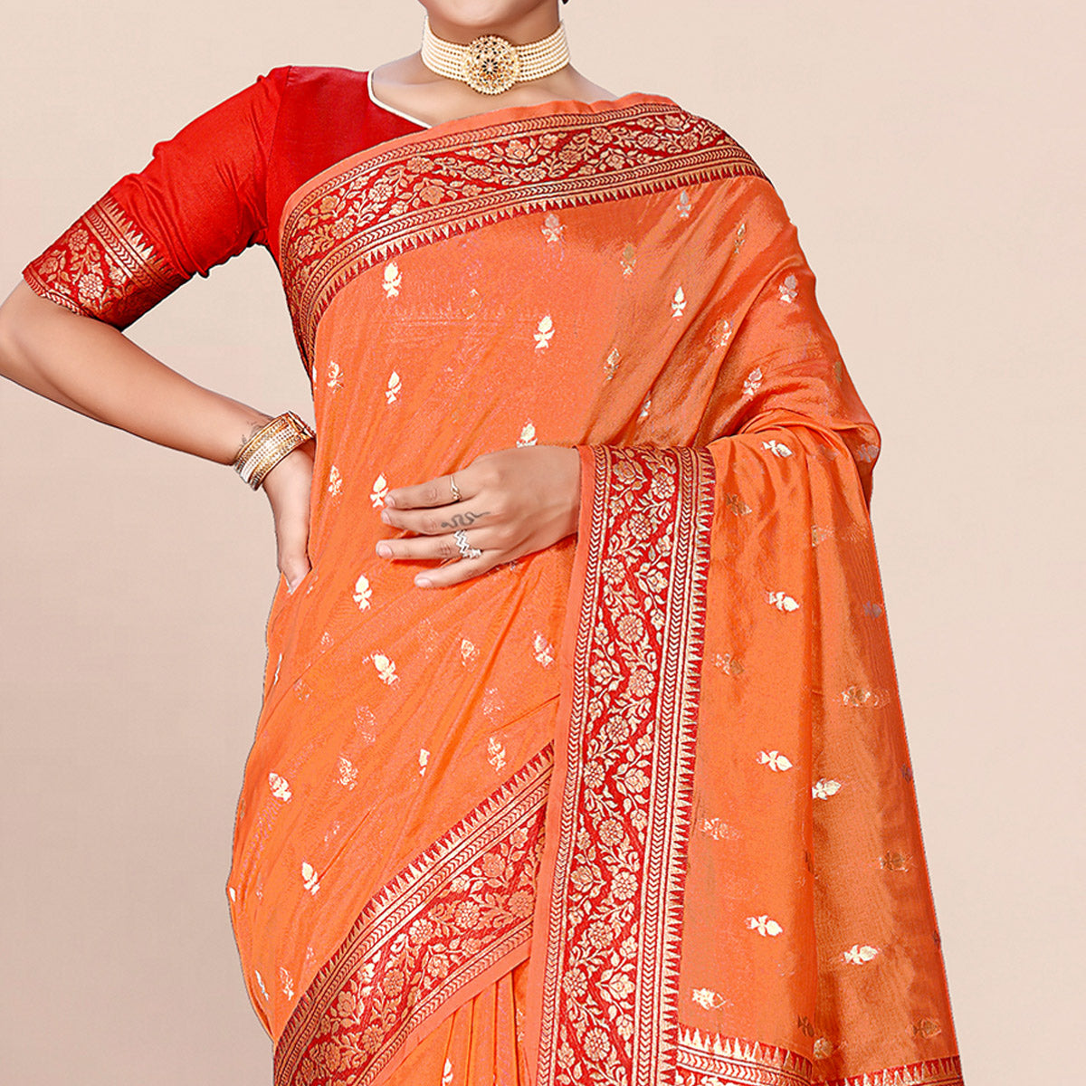 Orange Woven Organza Saree With Tassels