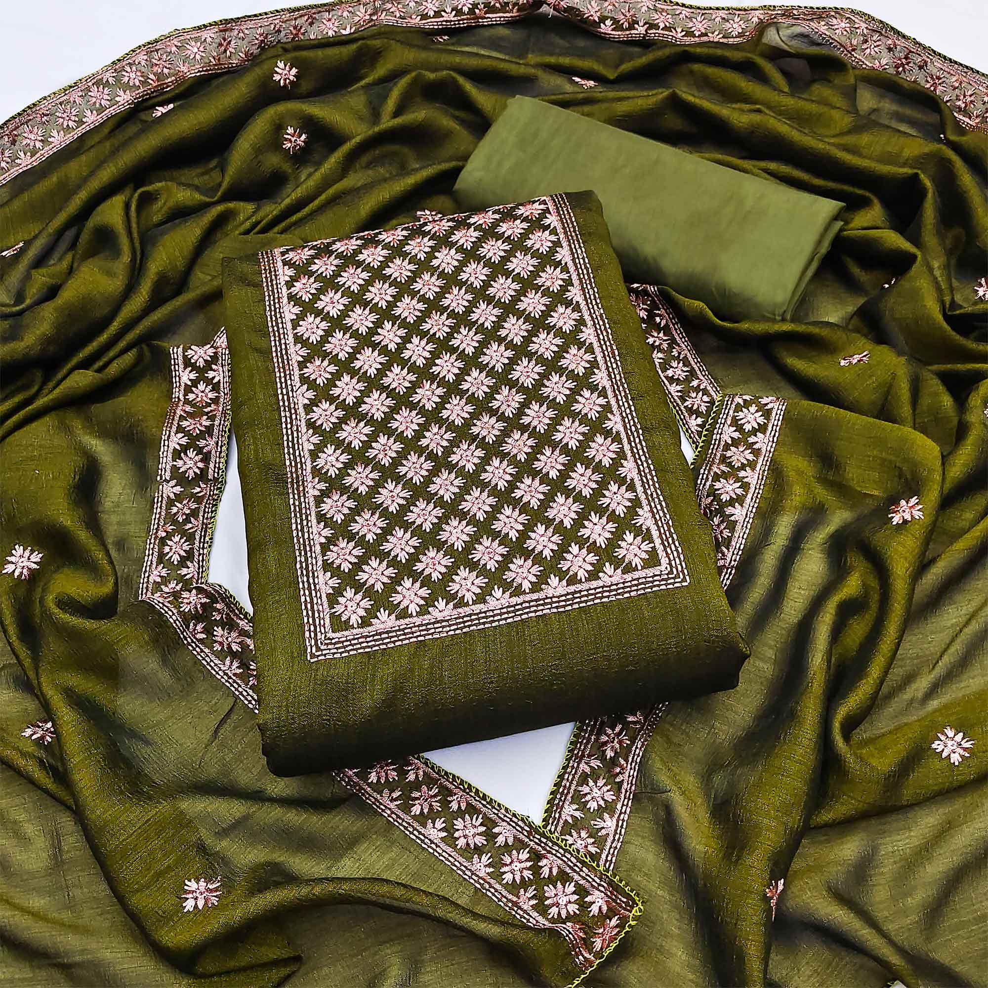 Olive Green Embroidered Modal Dress Material