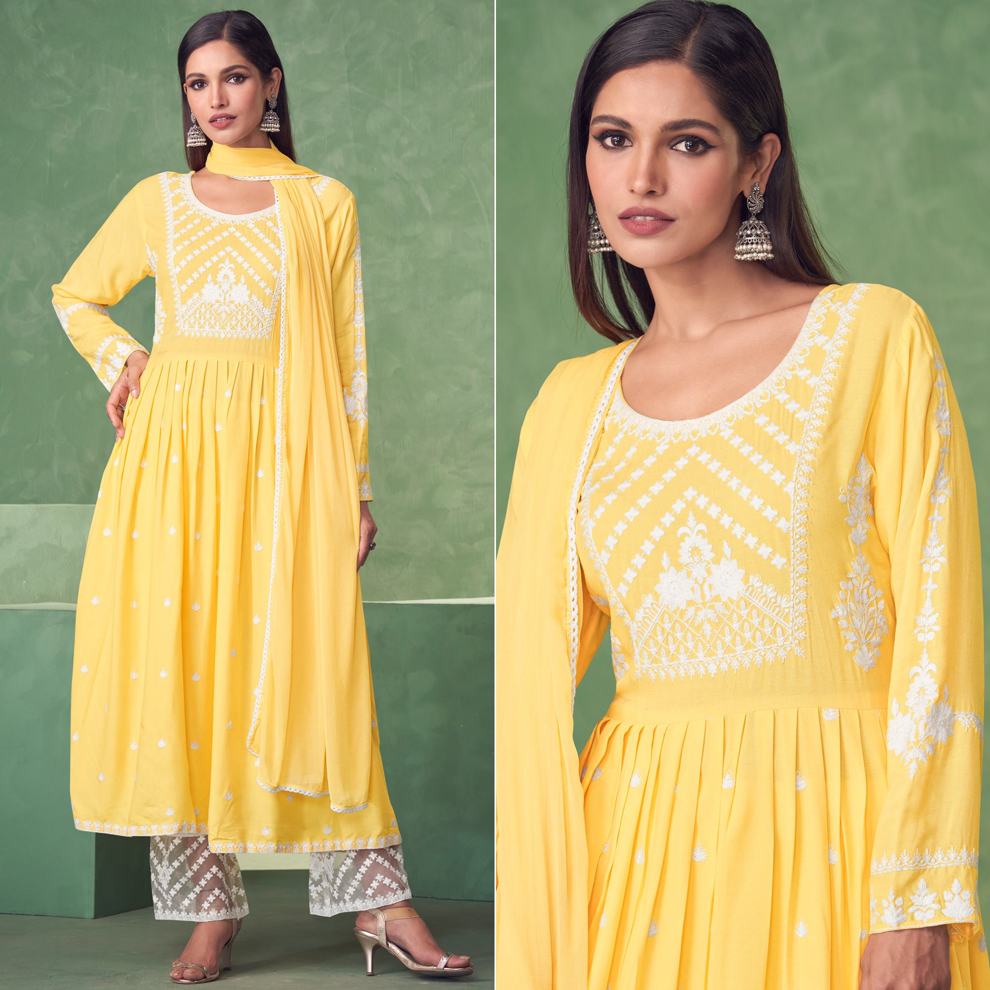 Yellow Lucknowi Work Rayon Naira Cut Palazzo Suit