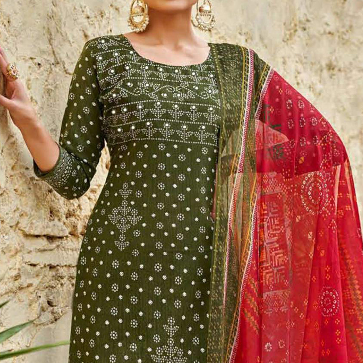 Olive Green Bandhani Printed Pure Cotton Salwar Suit