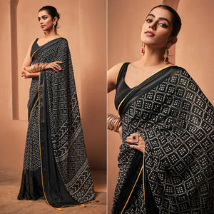 Black Printed Georgette Saree With Tassels