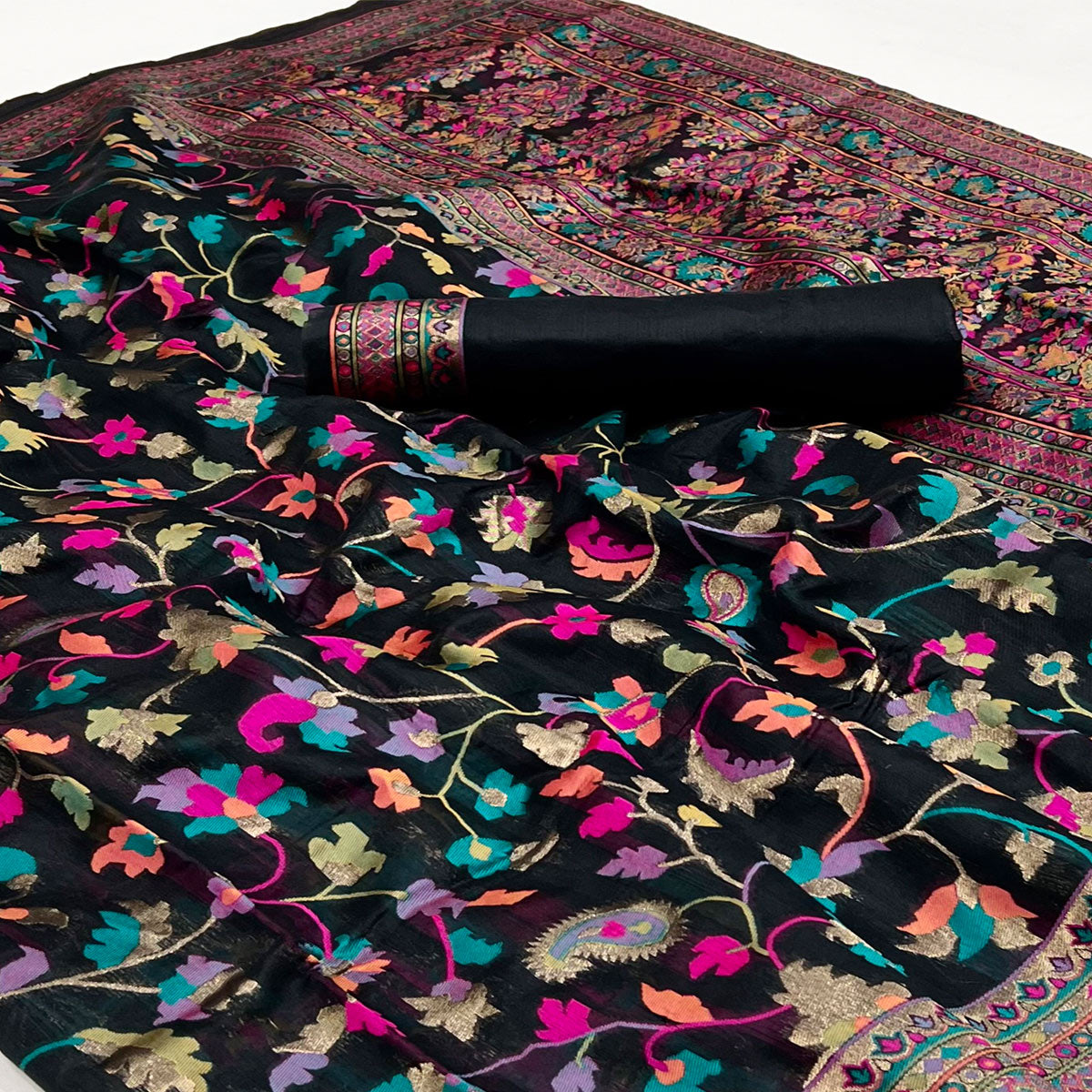 Black Floral Woven Pashmina Saree