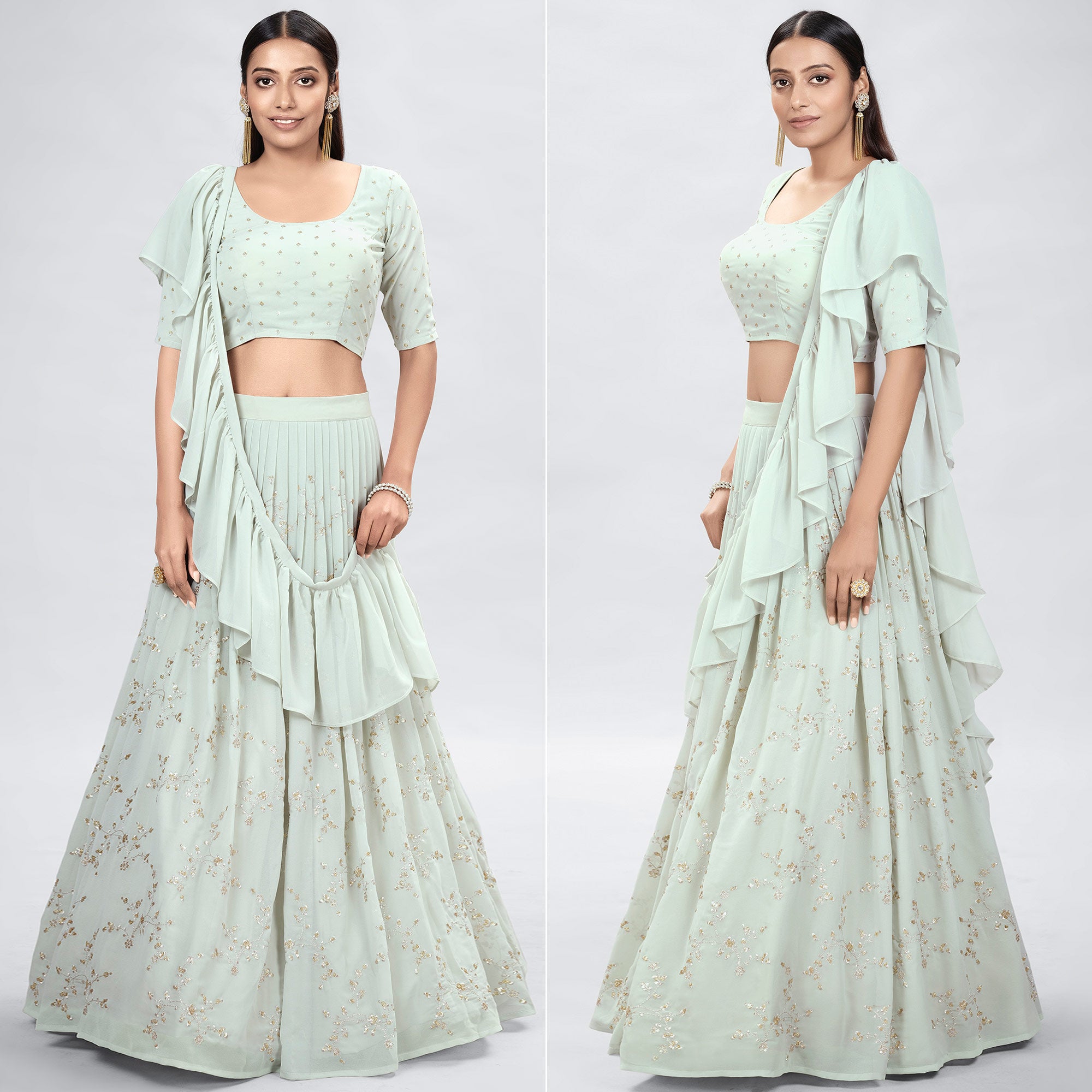 Pista Green Embroidered Georgette Lehenga Choli