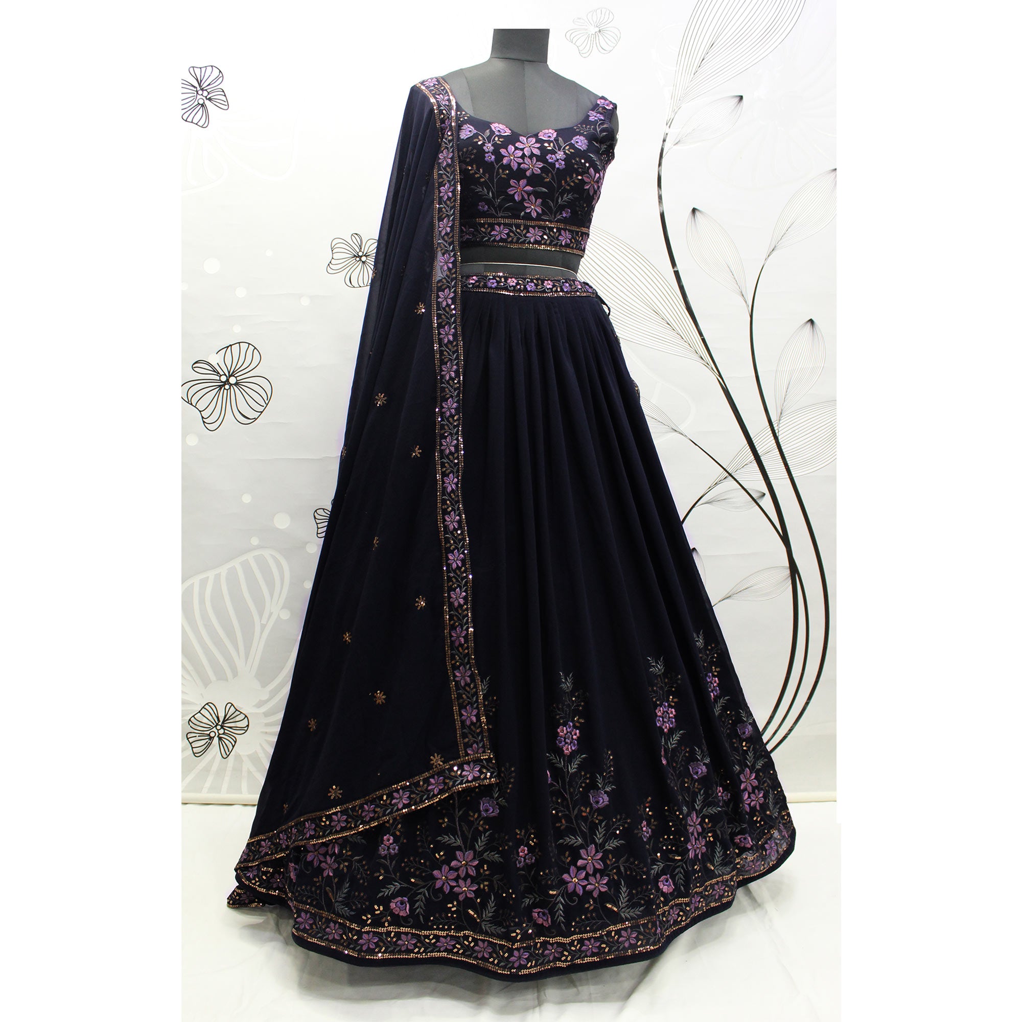 Navy Blue Sequins Embroidered Georgette Lehenga Choli