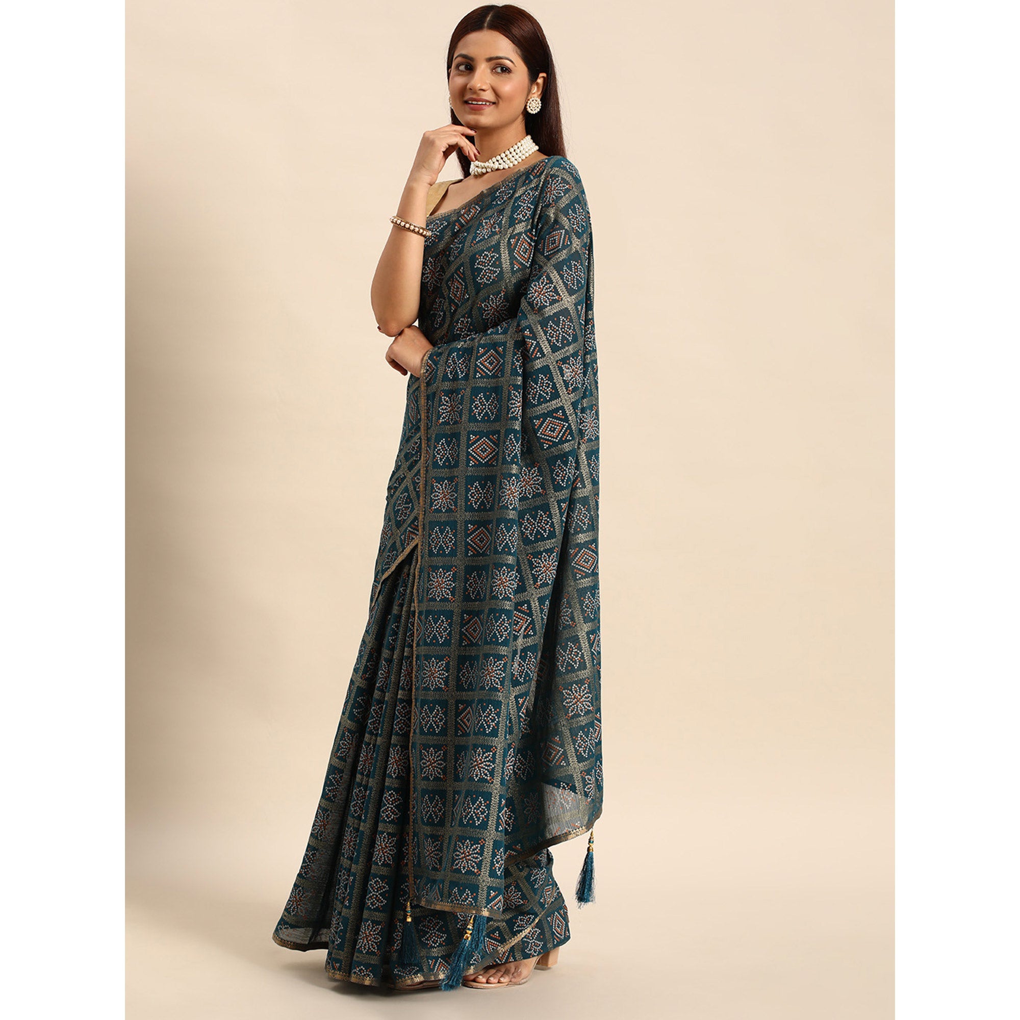 Blue Bandhani Foil Printed Zomato Saree With Tassels