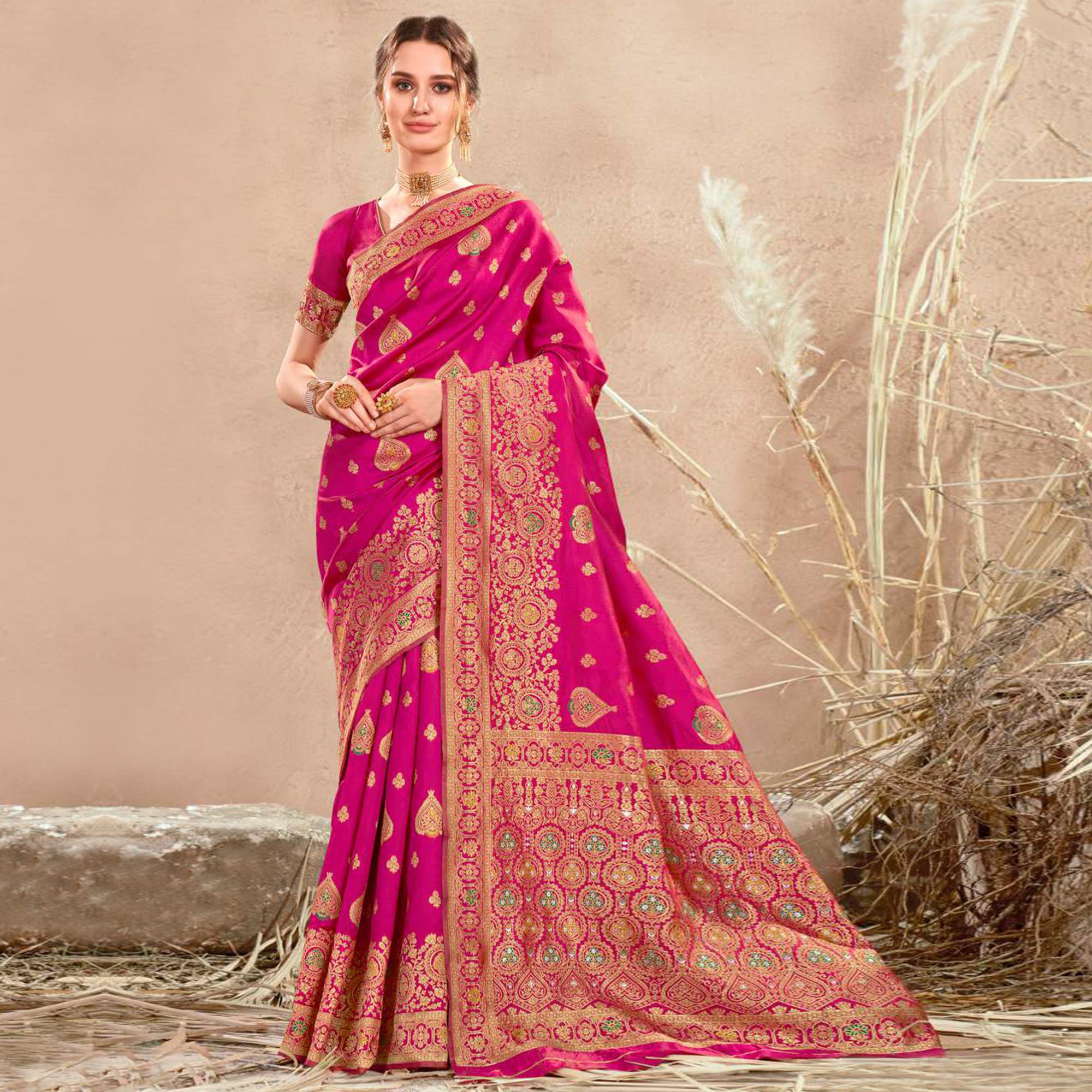 Rani Pink Floral Woven Art Silk Saree