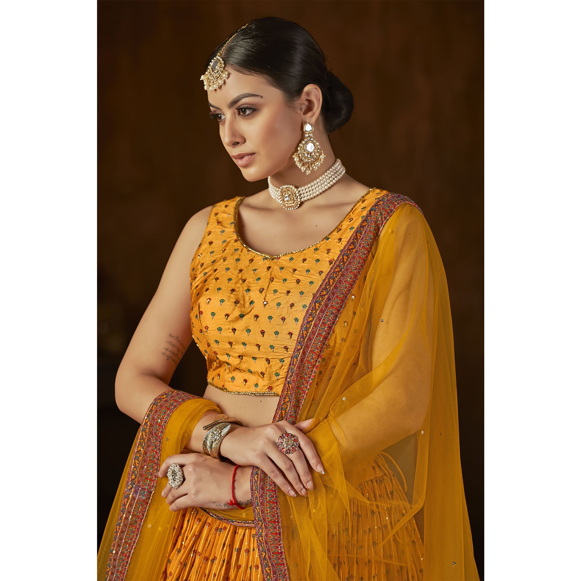 Mustard Printed With Sequins Work Georgette Lehenga Choli