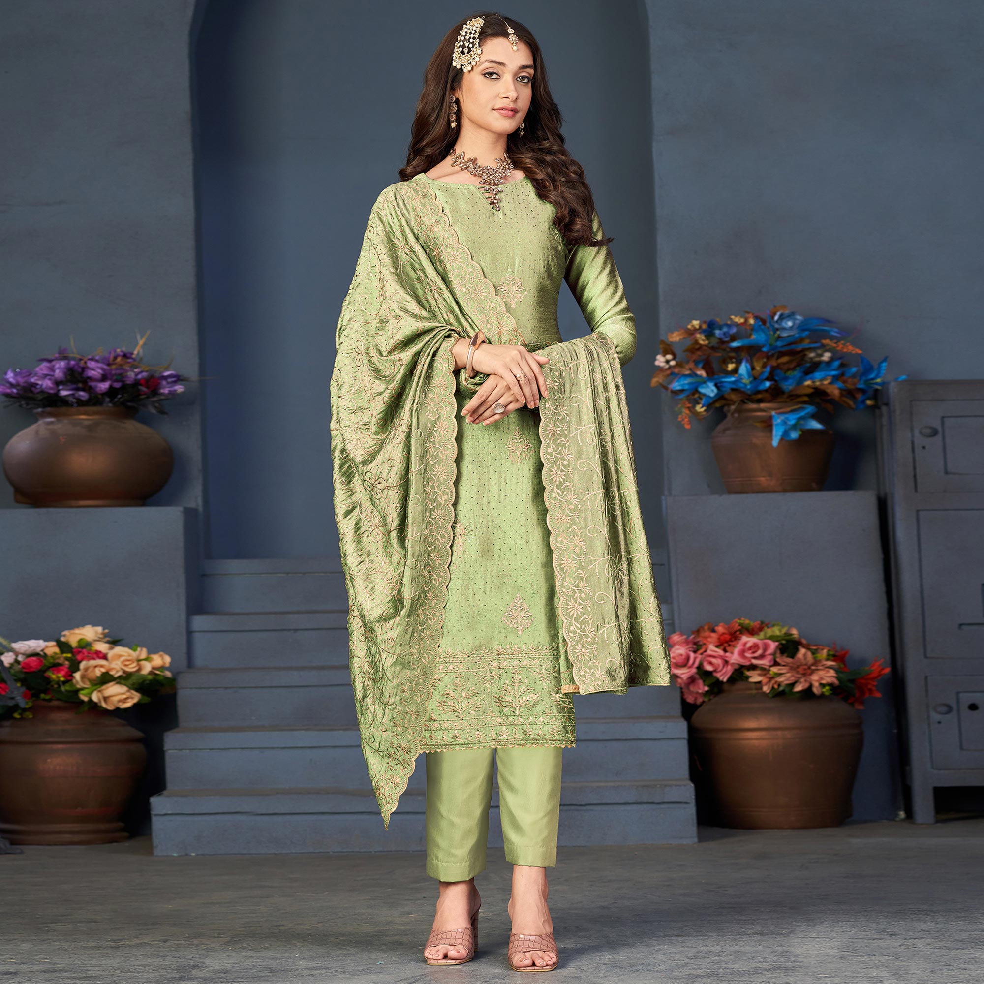 Pista Green Sequins Embroidered Vichitra Silk Suit