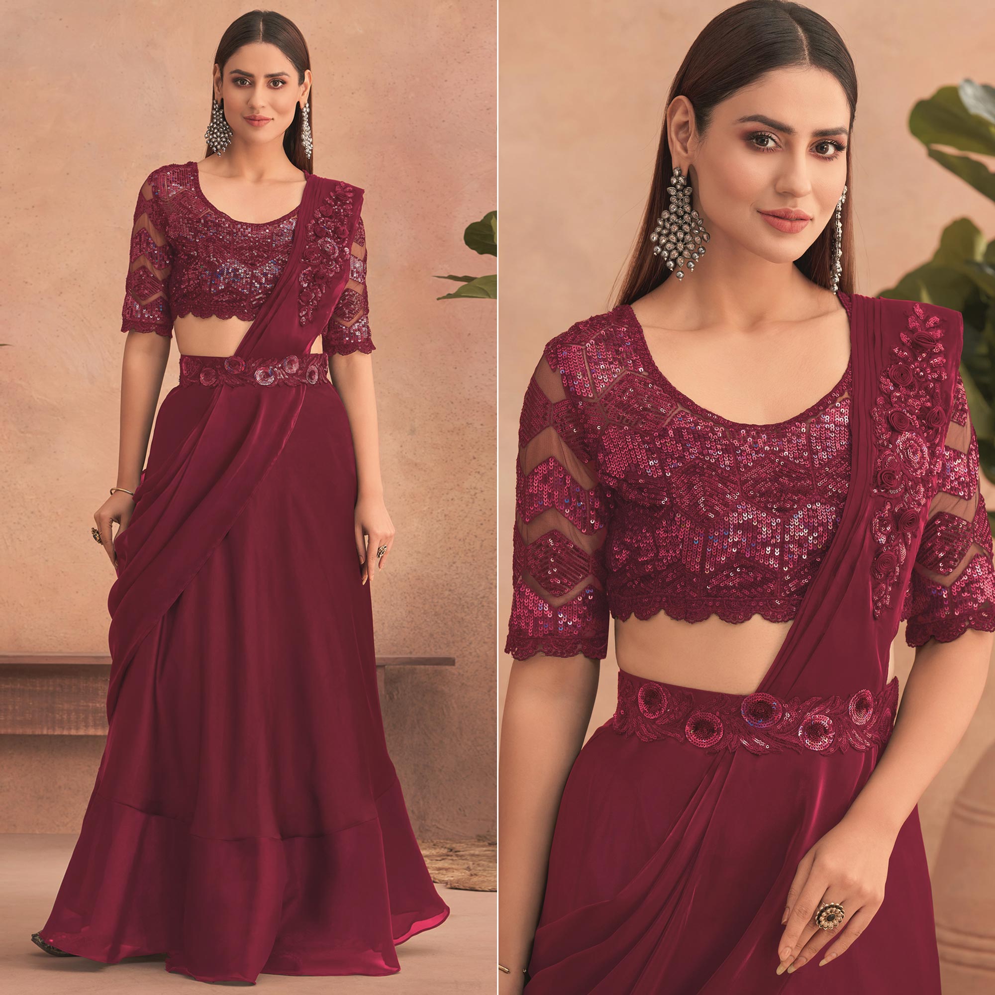 Maroon Sequins Embroidered Ready to Wear Art Silk Saree
