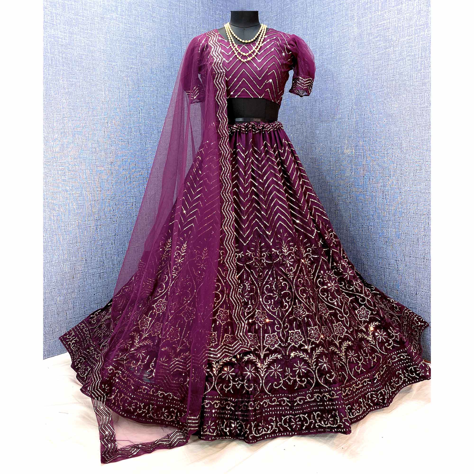 Wine Sequins Embroidered Netted Lehenga Choli