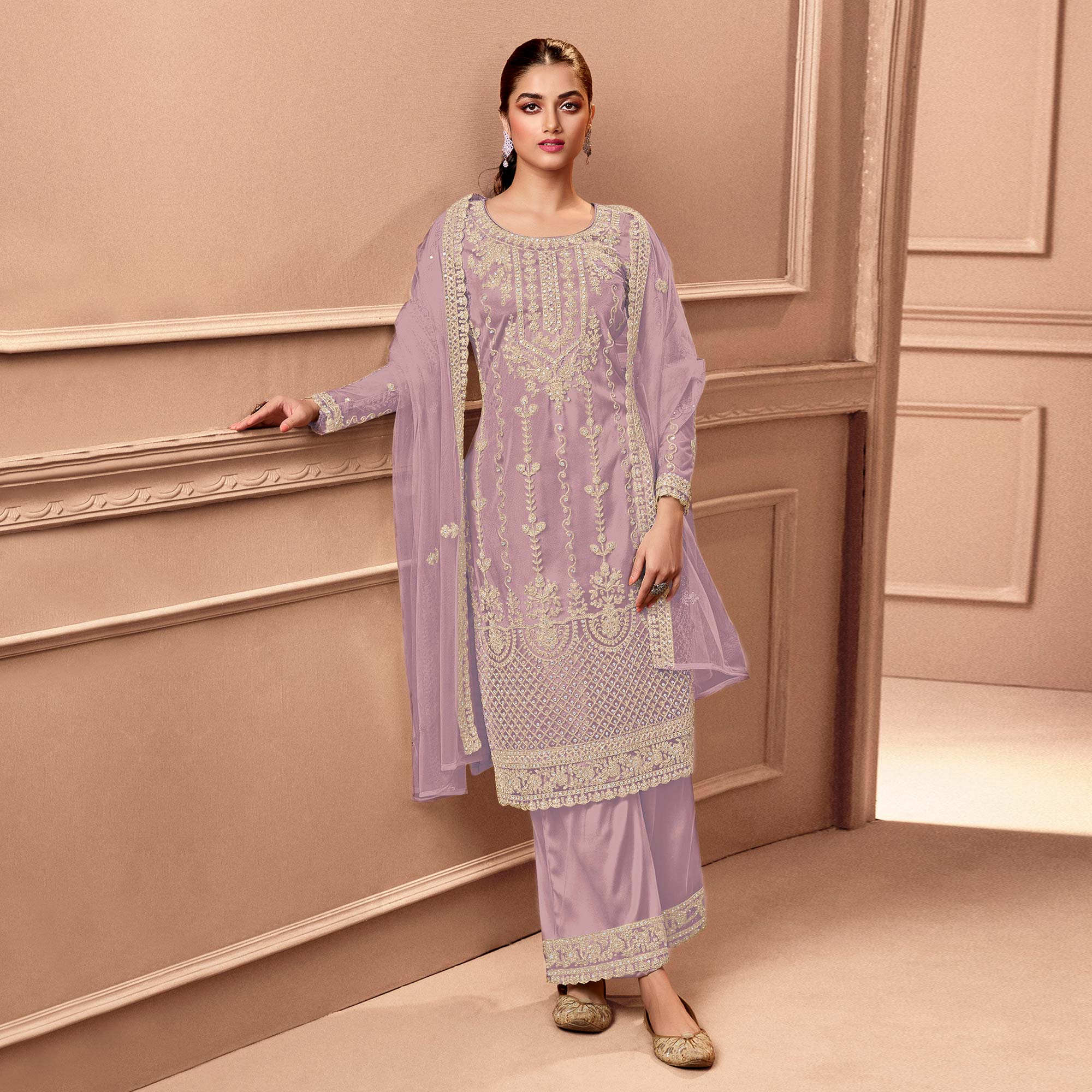 Purple Floral Embroidered Netted Pakistani Suit