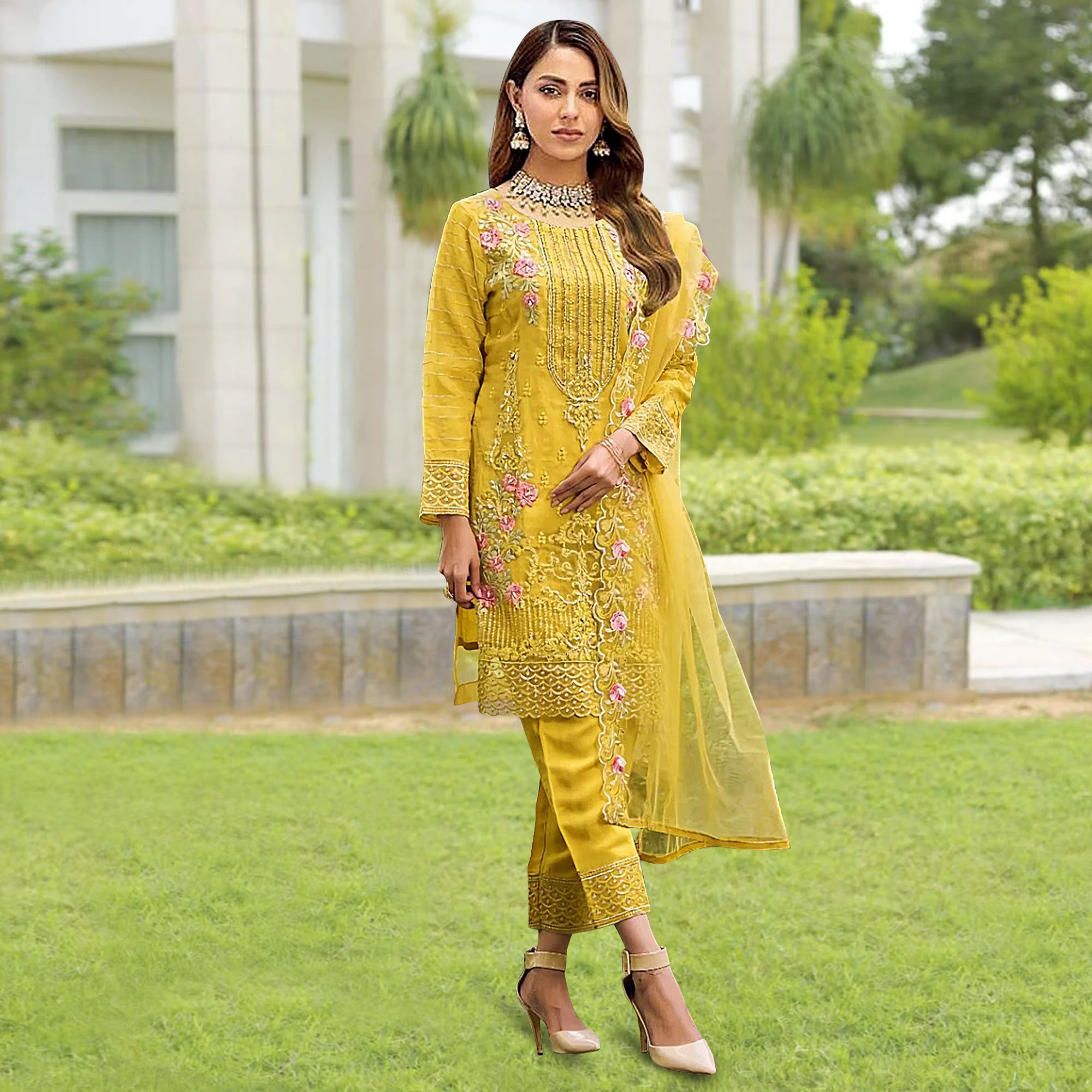 Yellow Floral Embroidered Organza Pakistani Suit