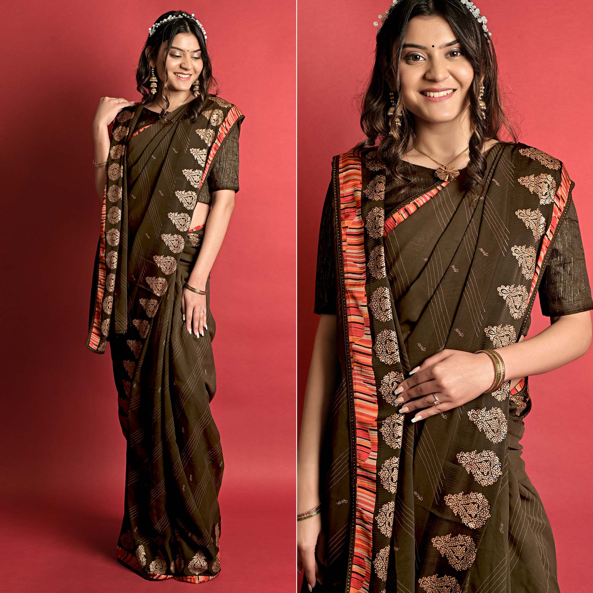 Olive Green Printed Georgette Saree