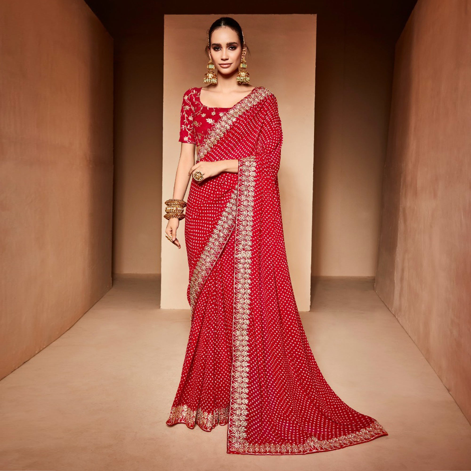 Red Bandhani Printed With Embroidered Border Georgette Saree