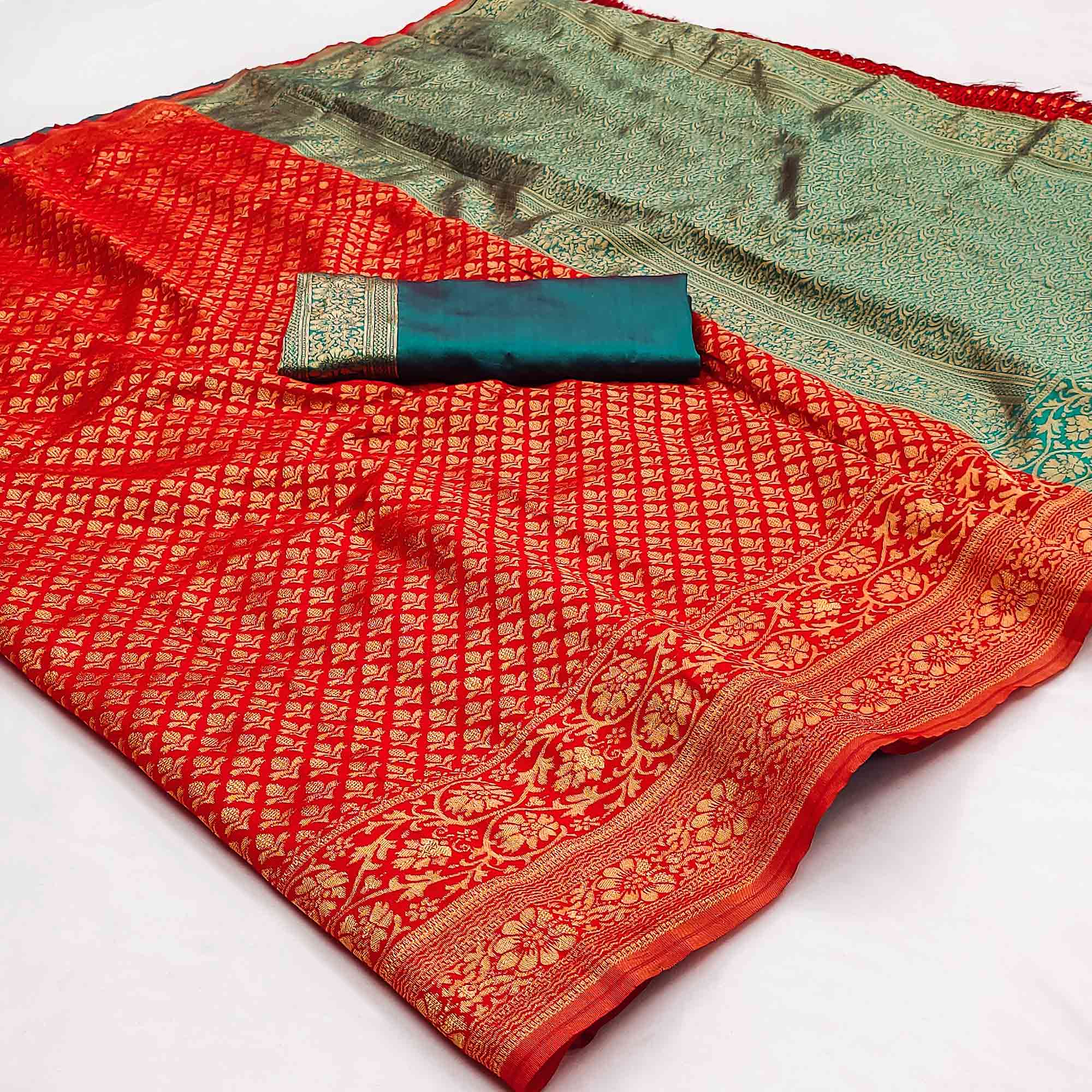 Red Floral Woven Jacquard Saree