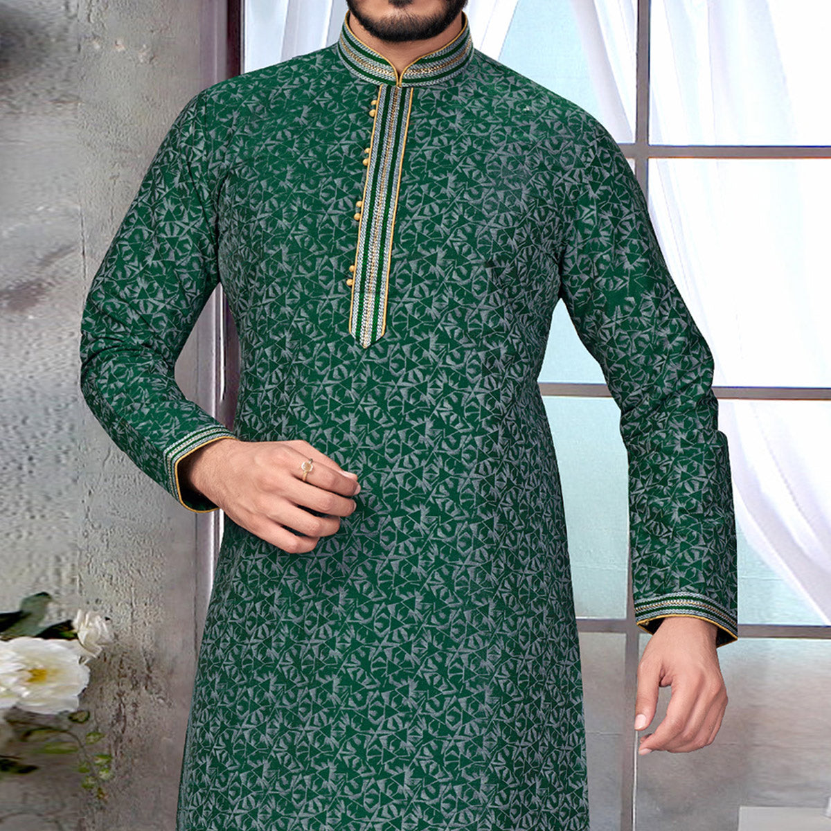 Green Printed Jacquard Kurta Pyjama Set