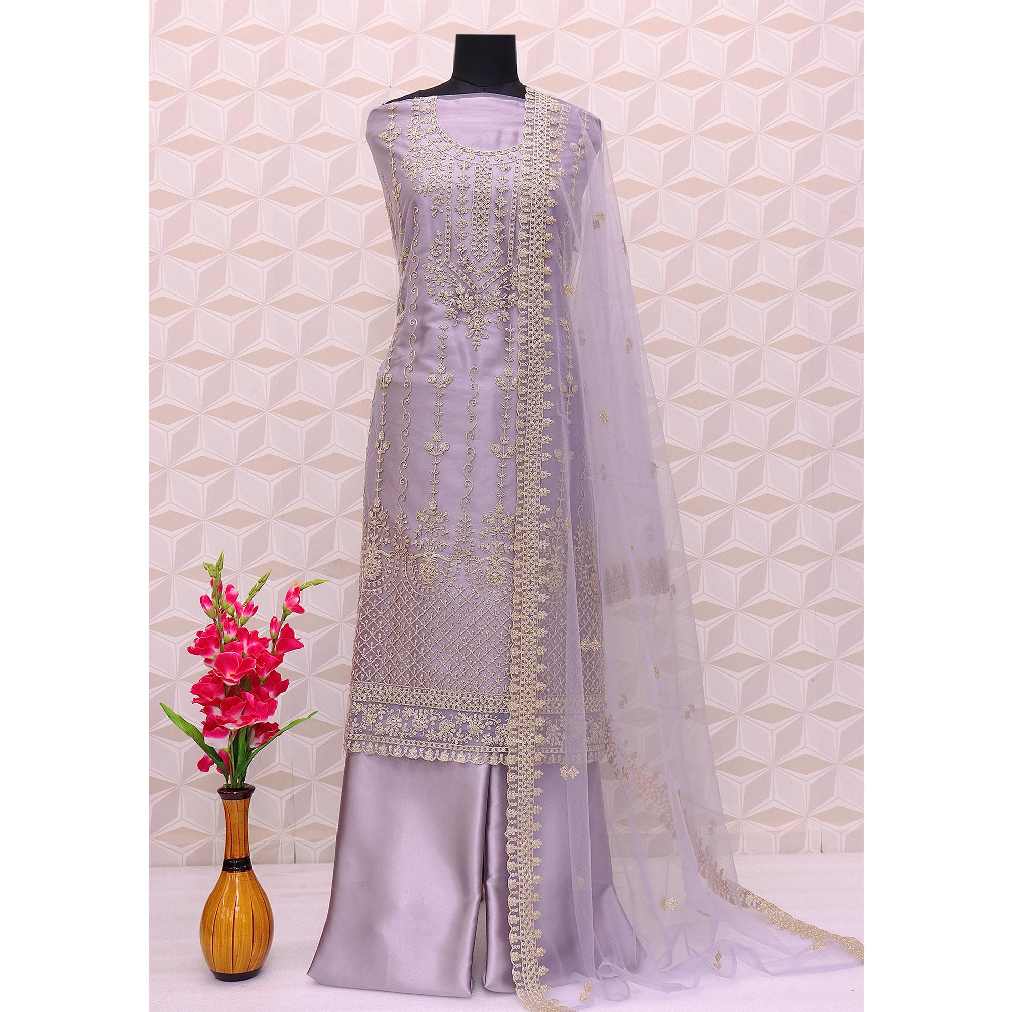 Violet Floral Embroidered Netted Pakistani Suit