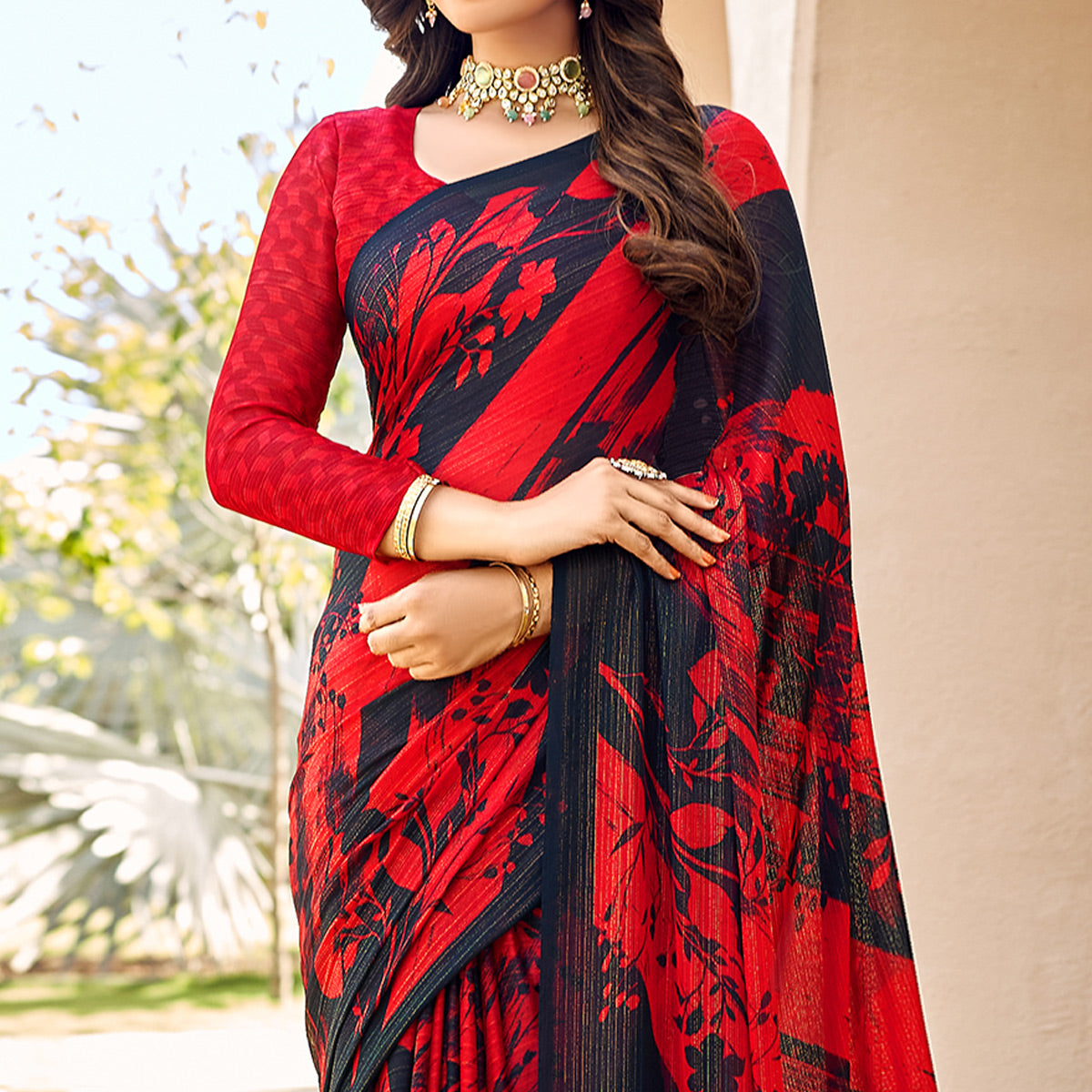 Red Black Printed Chiffon Saree