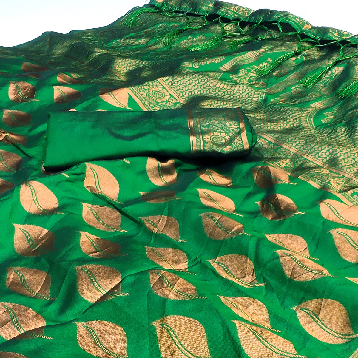 Green Woven Art Silk Saree With Tassels