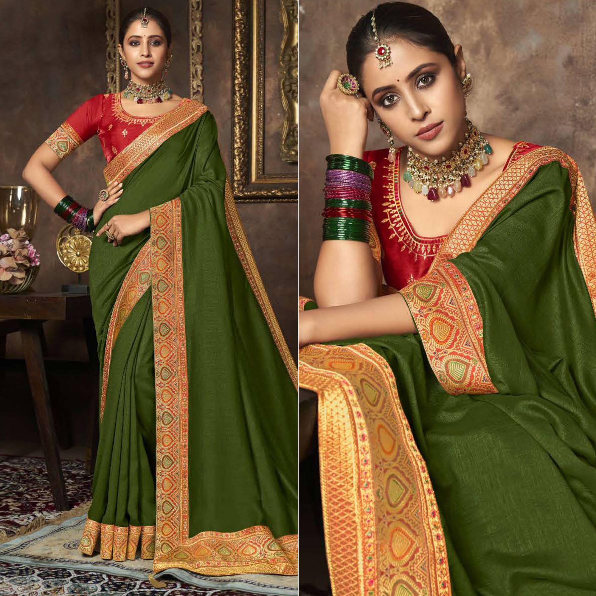 Olive Green Solid With Woven Border Vichitra Silk Saree