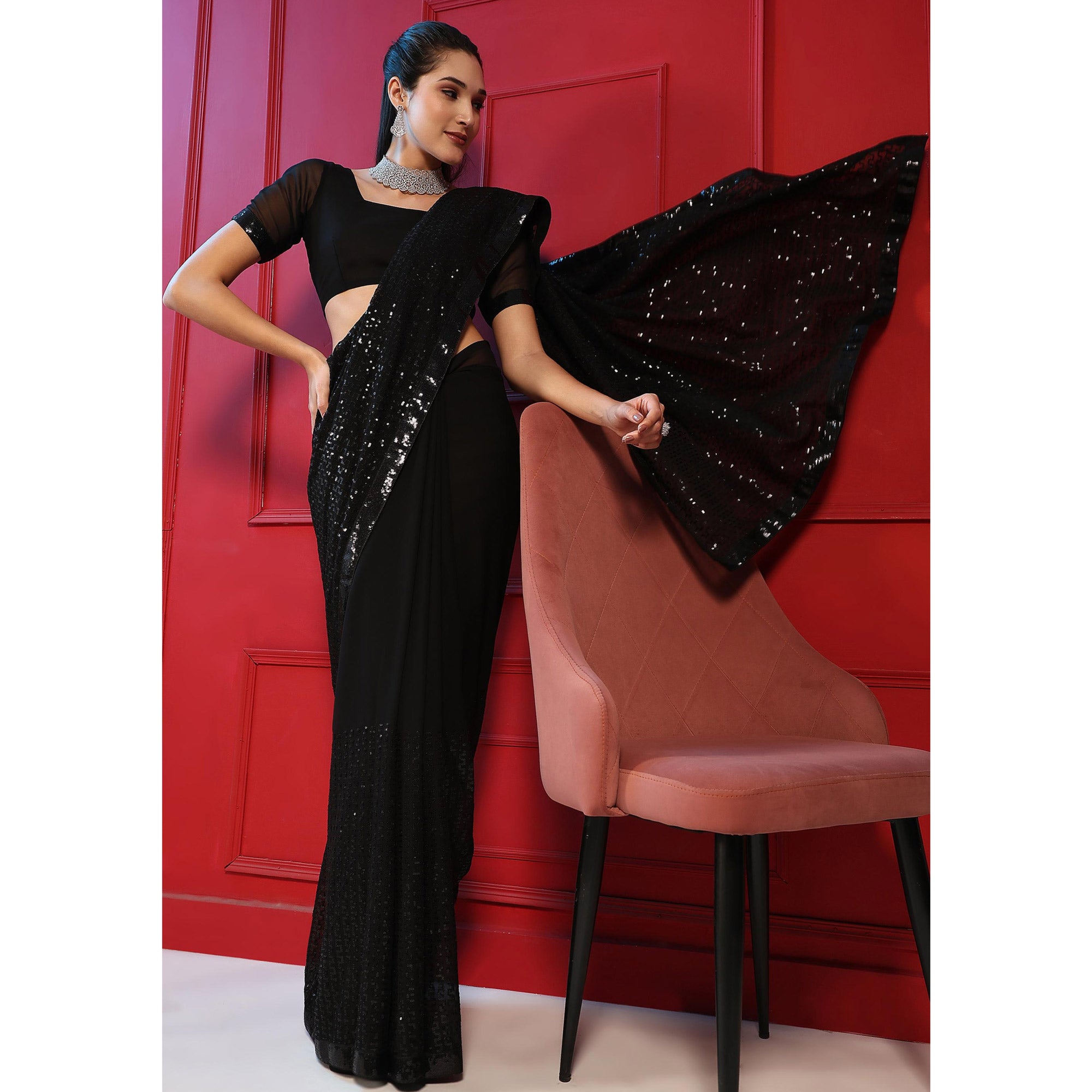 Black Sequins Embroidered Georgette Saree