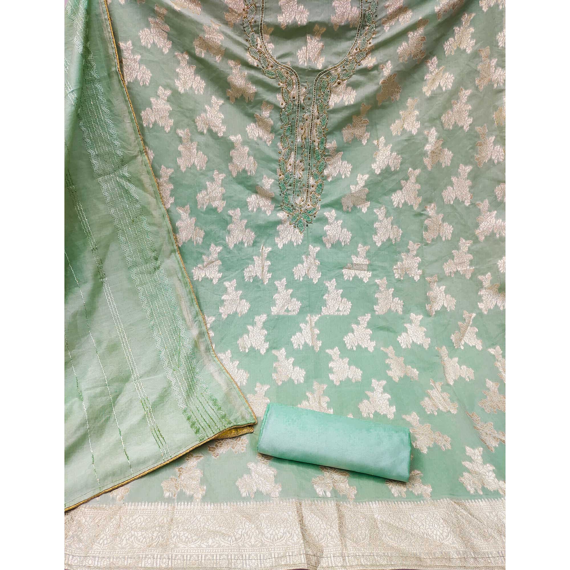 Green Woven With Handwork Banarasi Silk Dress Material