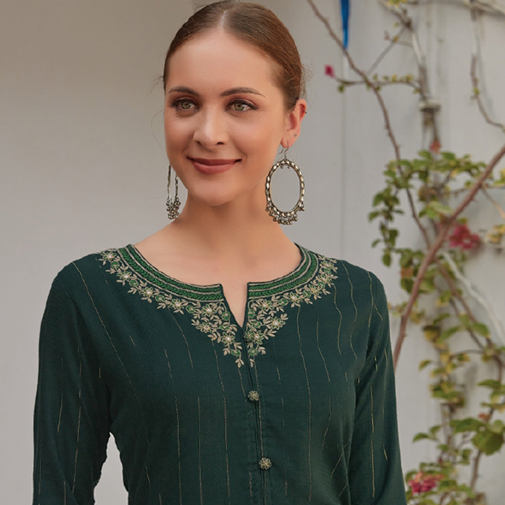 Dark Green Floral Embroidered Cotton Blend Kurti