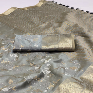 Grey Woven Organza Saree With Tassels