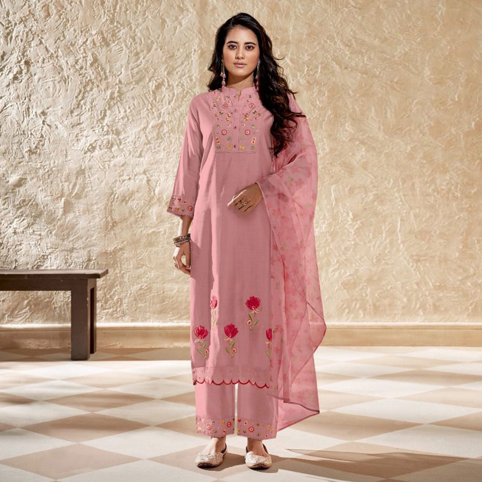 Pink Floral Embroidered Viscose Suit