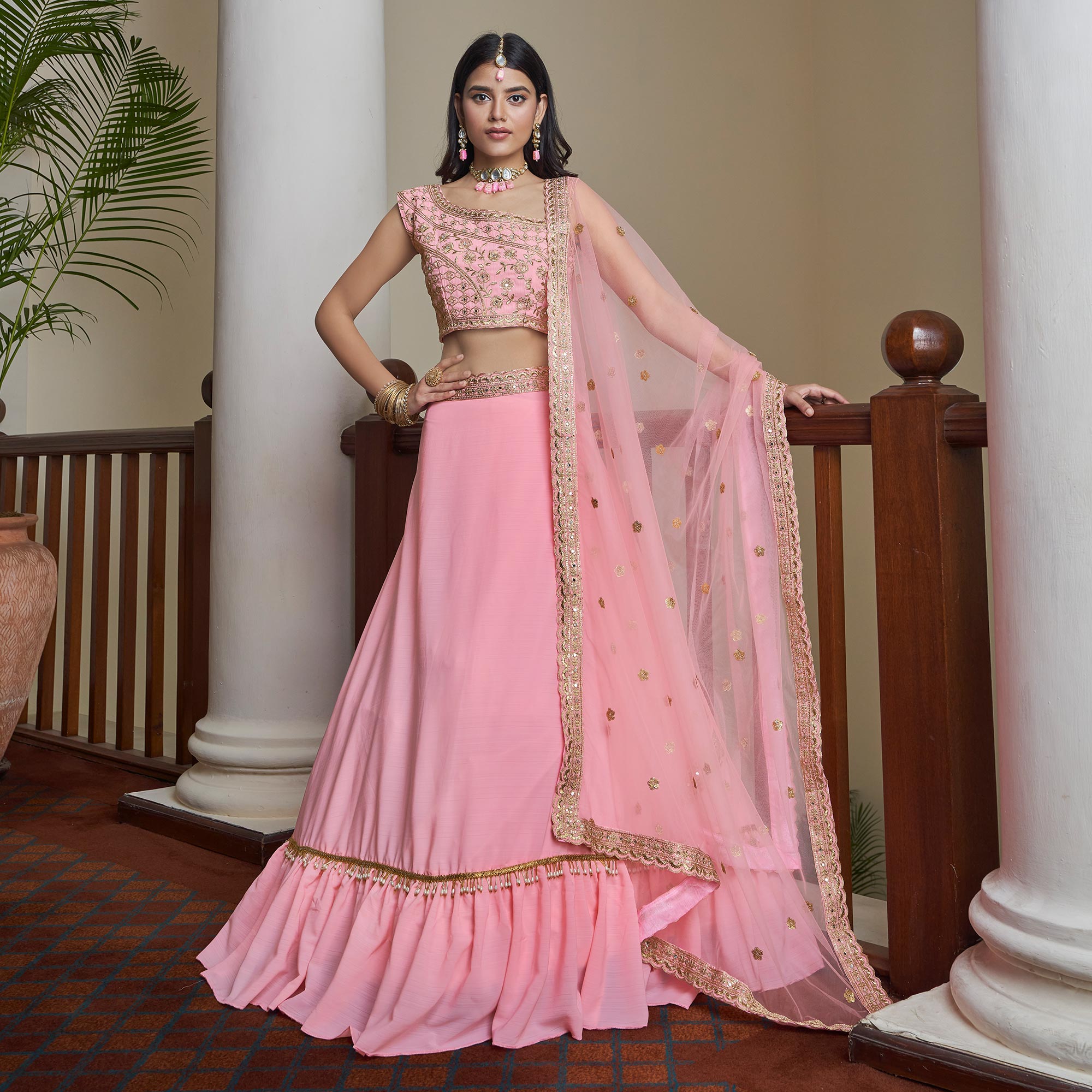 Pink Embroidered Art Silk Lehenga Choli