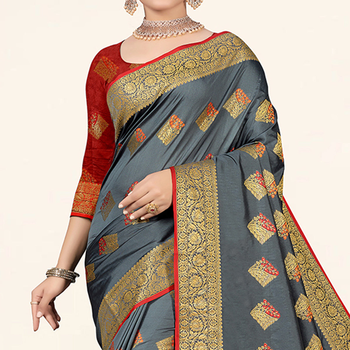 Grey Woven Art Silk Saree With Tassels