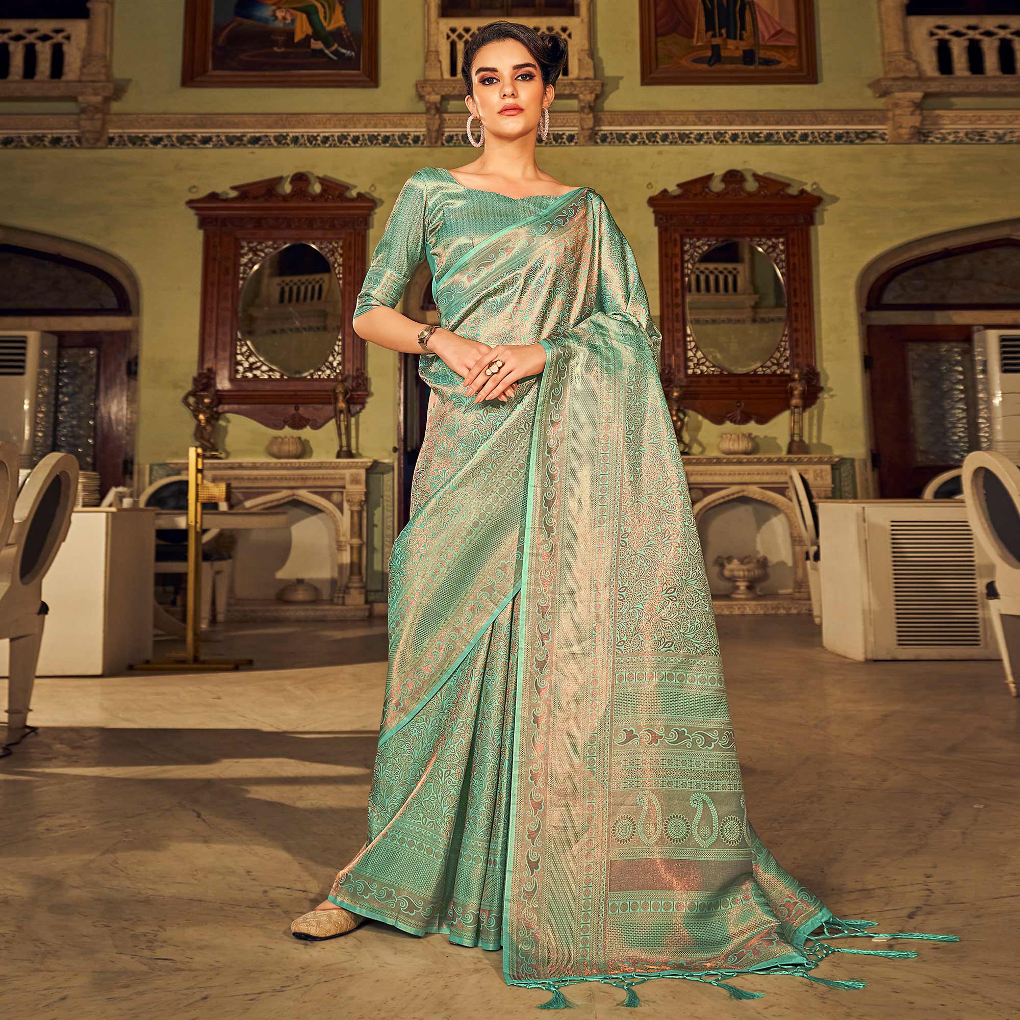 Turquoise Woven Kanjivaran Satin Saree