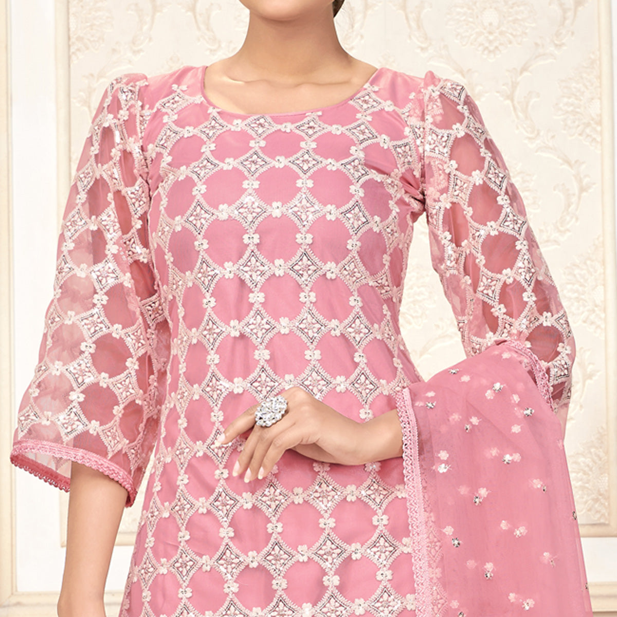 Pink Sequins Embroidered Net Semi Stitched Suit