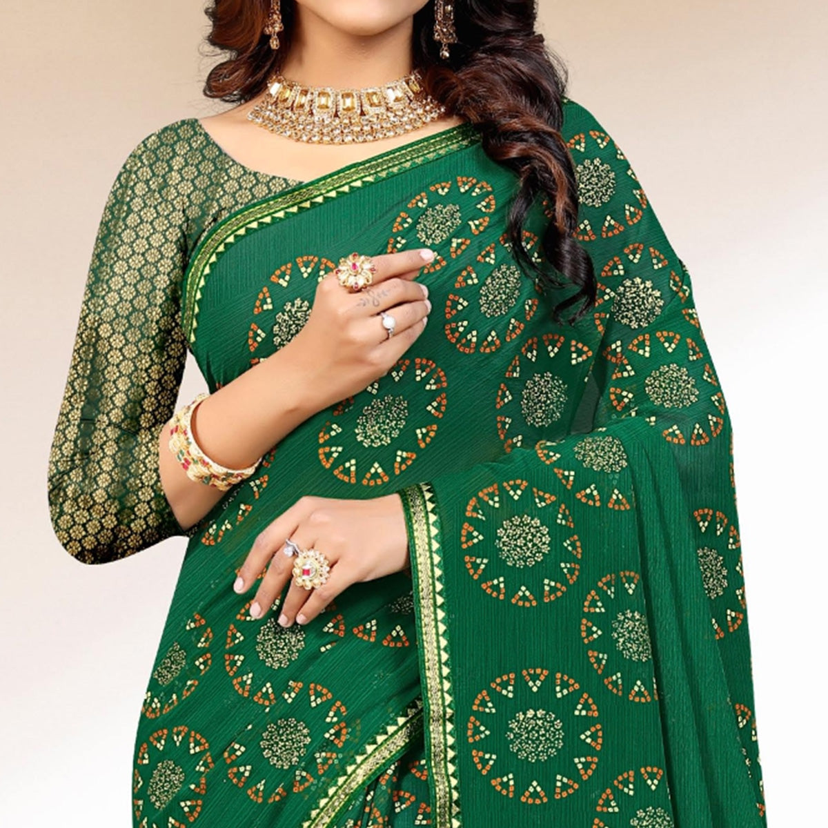 Green Bandhani Printed Chiffon Saree