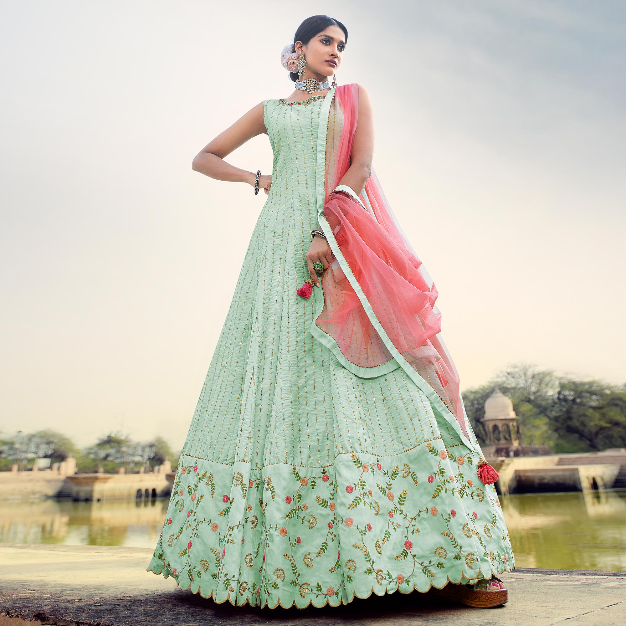 Light Sea Green Sequins Embroidered Raw Silk Gown