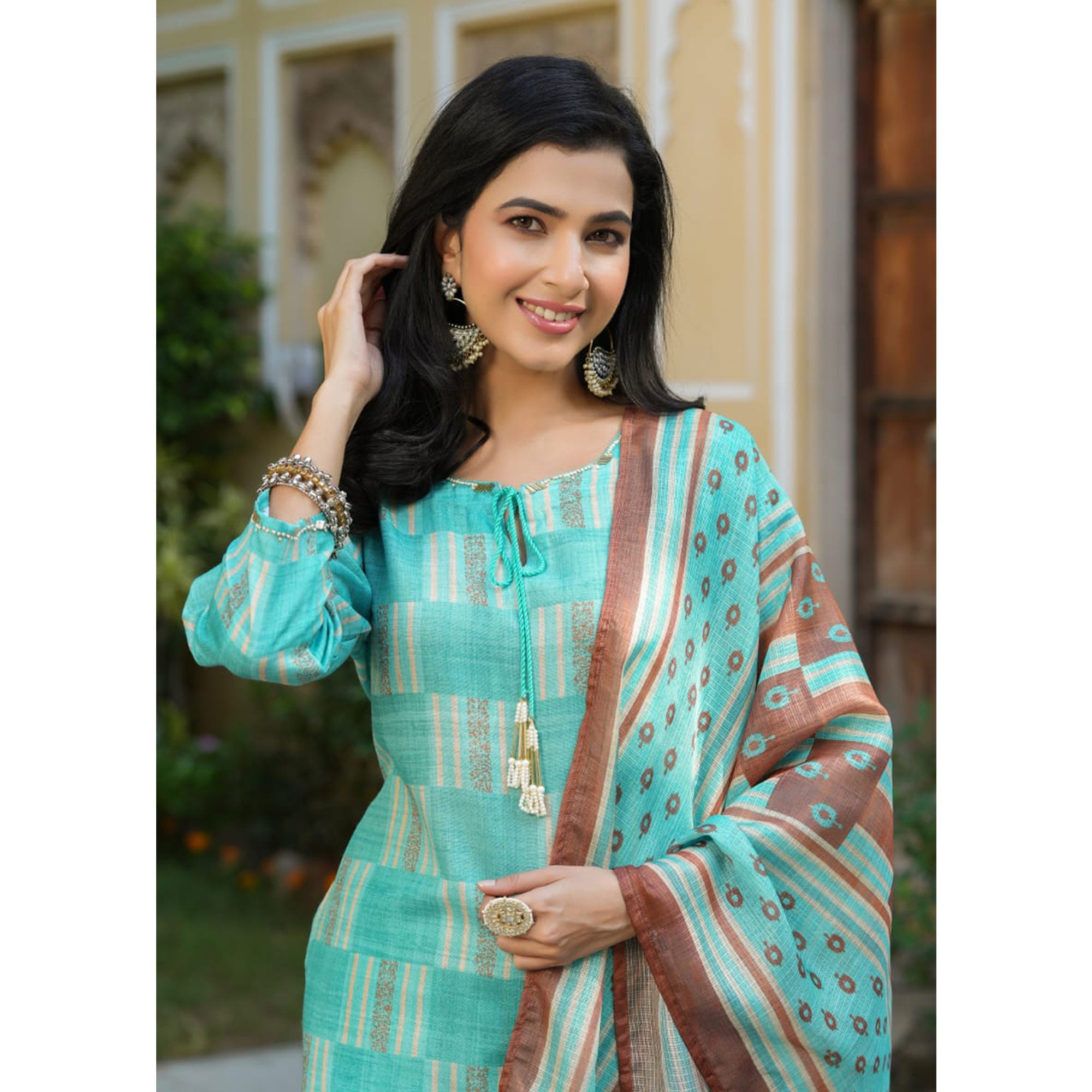 Turquoise Checked Printed Rayon Suit