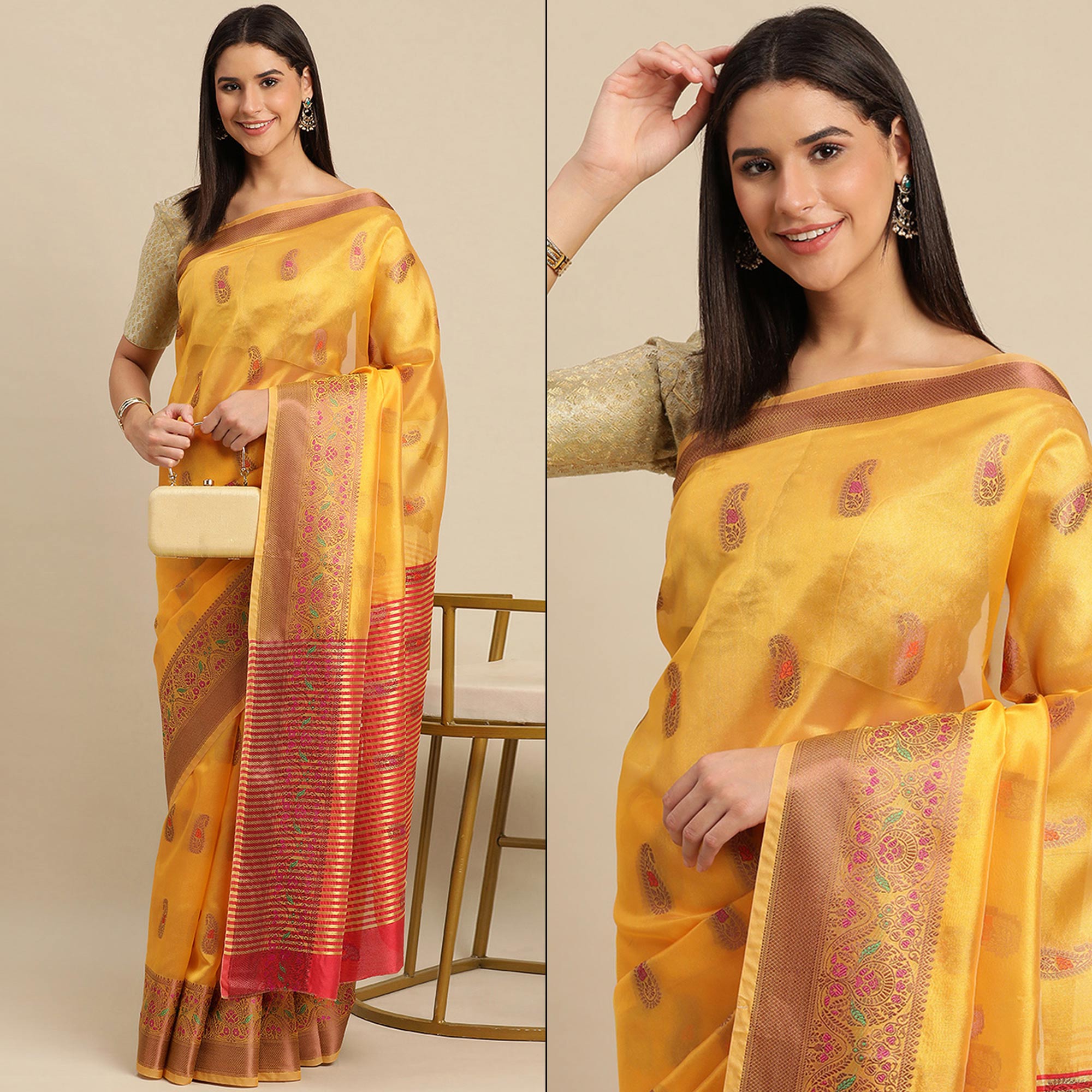 Yellow Woven Organza Saree