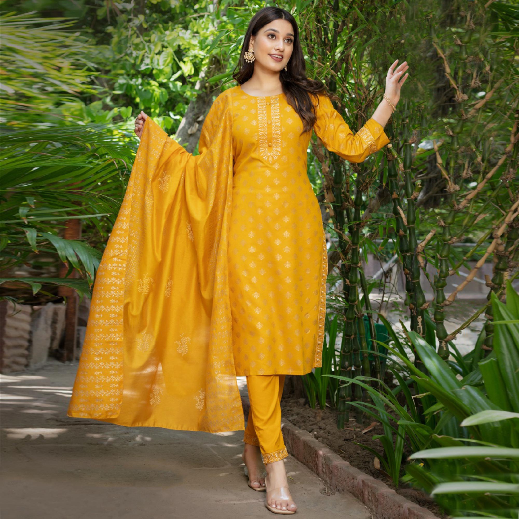 Yellow Printed Rayon Salwar Suit