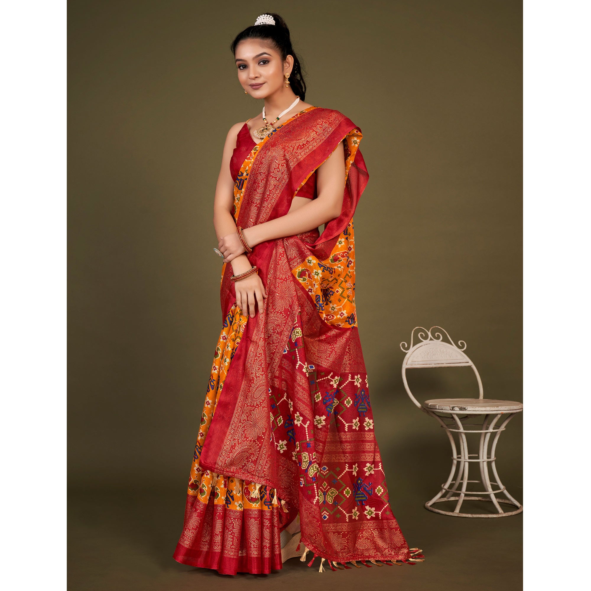 Mustard Printed Jute Patola Saree With Tassels