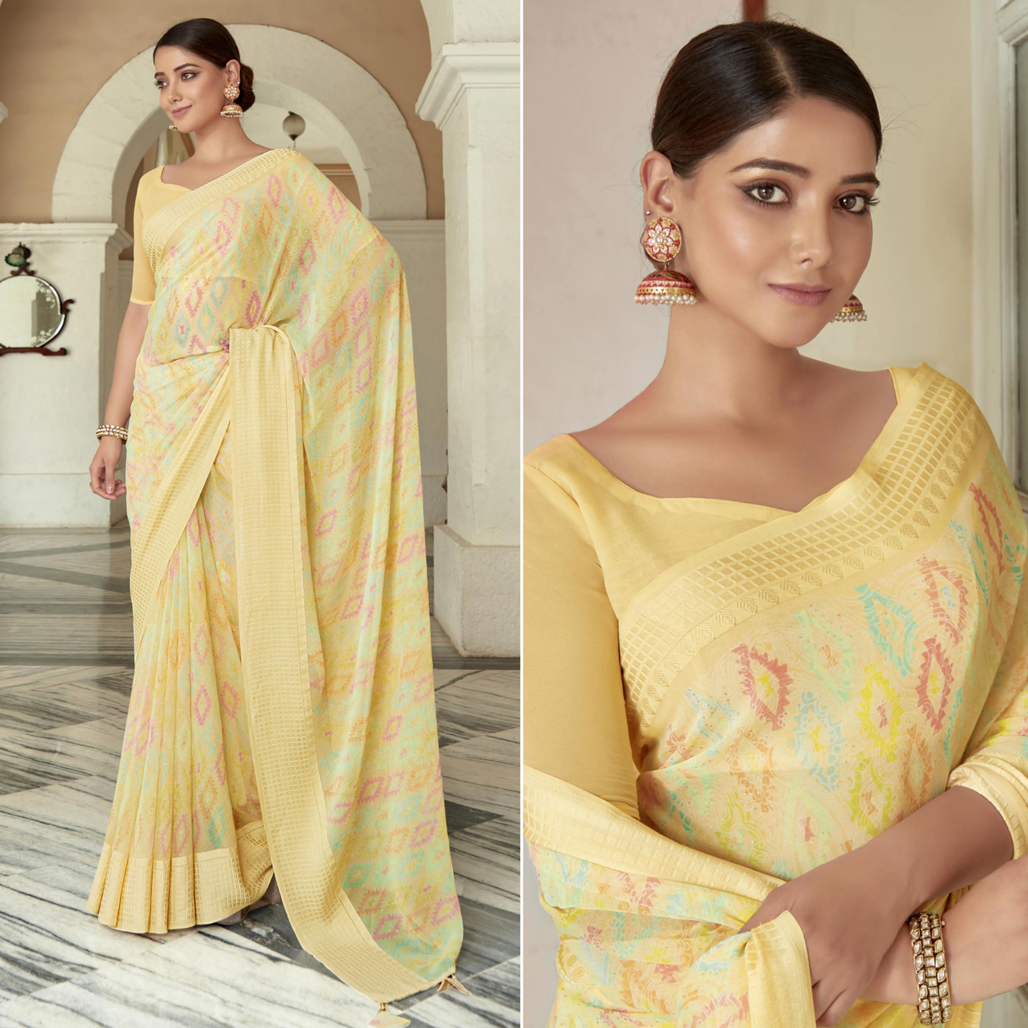 Yellow Printed Georgette Saree With Checks Border