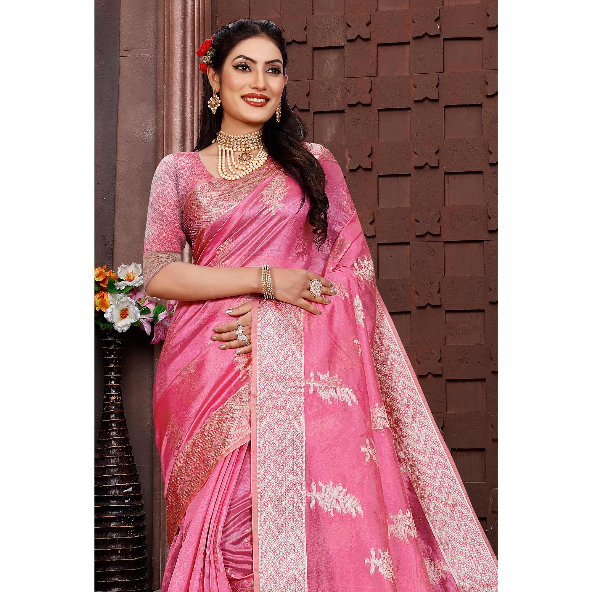 Pink Floral Woven Organza Saree