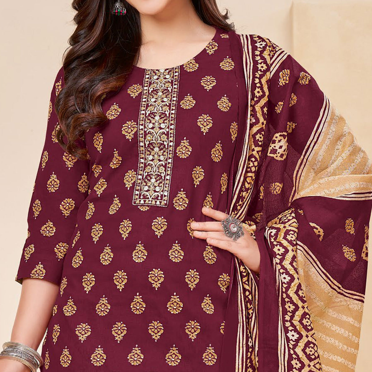 Wine Printed With Tie Embroidered Pure Cotton Suit